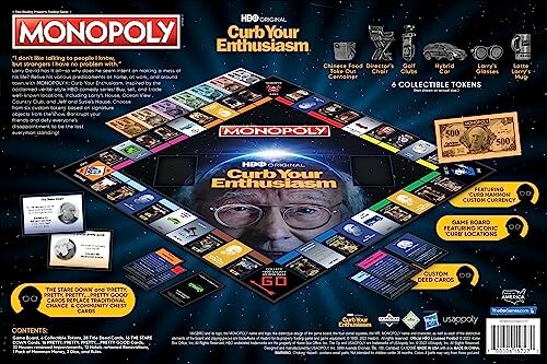 Curb Your Enthusiasm themed Monopoly board game with custom tokens and currency.