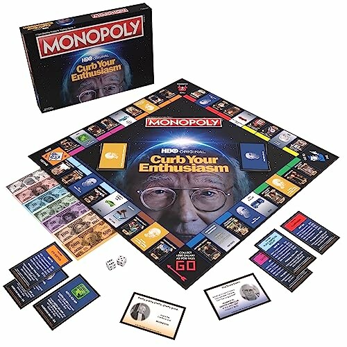 Curb Your Enthusiasm themed Monopoly board game with box, cards, and pieces.