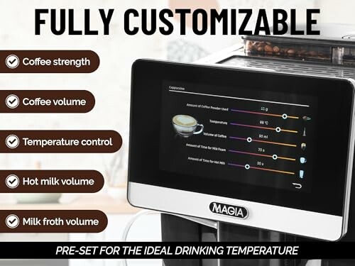 Coffee machine display showing customizable settings for coffee strength, volume, temperature, milk, and froth.