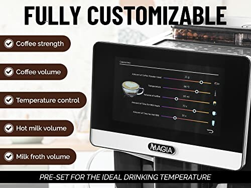 Coffee machine with customizable settings display and features listed.