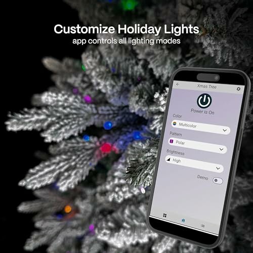 Smartphone app controlling holiday lights on a Christmas tree.