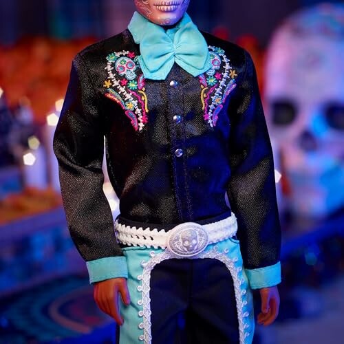 Doll in Day of the Dead attire with colorful embroidery