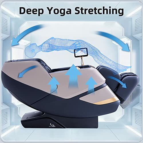 Massage chair demonstrating deep yoga stretching with digital overlay.