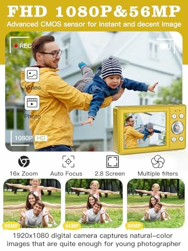 Man holding child, advertising features of digital camera including FHD 1080P, 56MP, and various photography modes.