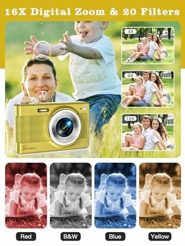 Child blowing bubble with adult, surrounded by digital camera zoom and filter options.