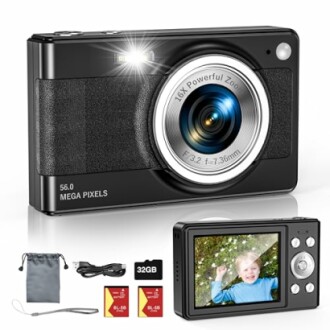 Digital camera with accessories including memory cards, USB cable, and carry pouch.