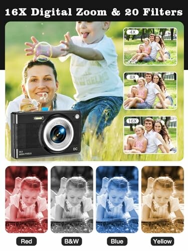 Digital camera with 16X zoom and 20 filters, showcasing family photos and filter effects.