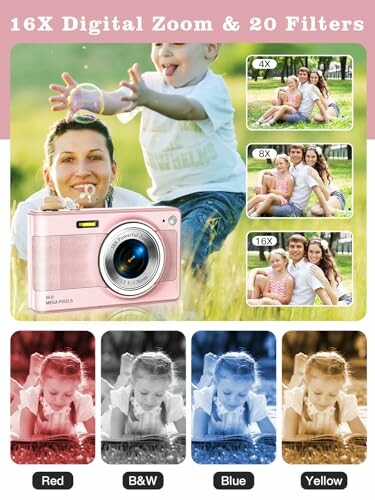 Digital camera with 16X zoom and 20 filters, featuring images of a family in different zoom levels and filter effects.