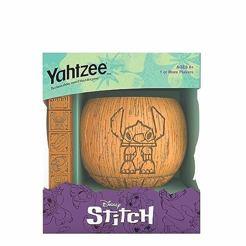 Disney Stitch Yahtzee game with themed dice and cup.