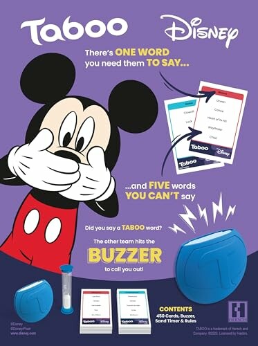 Disney Taboo game poster featuring Mickey Mouse and game components.