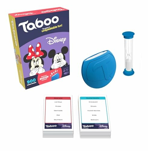 Disney Taboo game set with cards, buzzer, and timer.