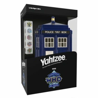 Doctor Who Yahtzee game box featuring a TARDIS dice shaker.