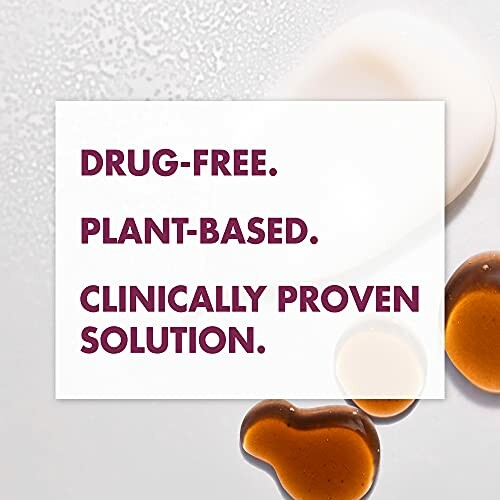 Text stating drug-free, plant-based, clinically proven solution.