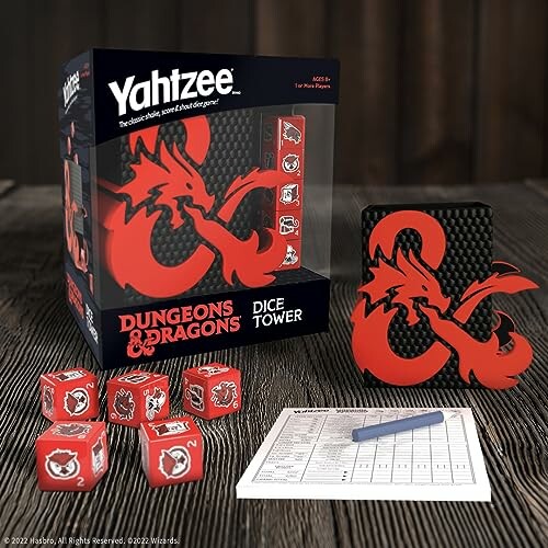 Dungeons & Dragons Yahtzee set with dice tower, red dice, and scorepad.