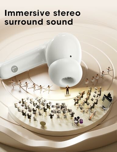 Earbud with miniature orchestra and dancers illustrating immersive stereo surround sound.