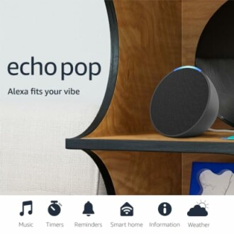 Echo Pop smart speaker on a shelf with Alexa features listed below.