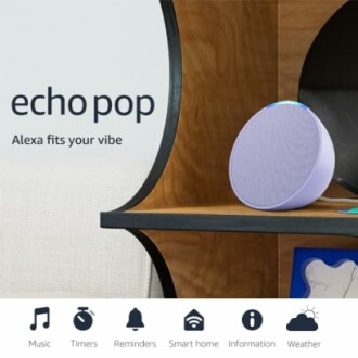 Echo Pop smart speaker on a wooden shelf with icons for music, timers, reminders, smart home, information, and weather.