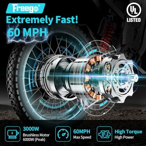 Electric bike motor advertisement highlighting 60 MPH speed and 3000W power.