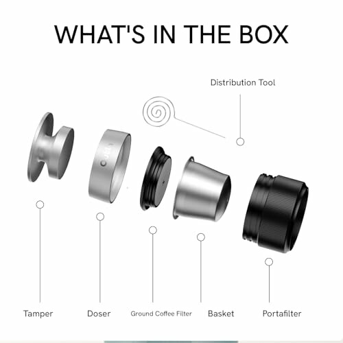 Components included in the espresso machine kit: tamper, doser, ground coffee filter, basket, portafilter, and distribution tool.