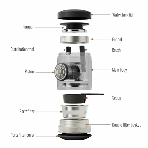 Exploded view of espresso machine parts including tamper, water tank lid, and portafilter.