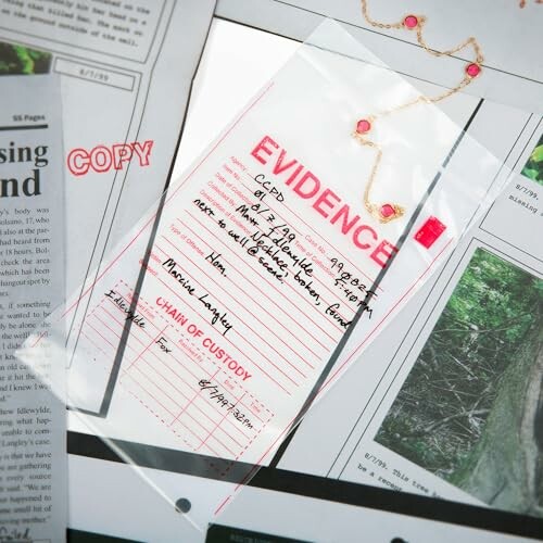 Evidence bag with documents and jewelry on table.