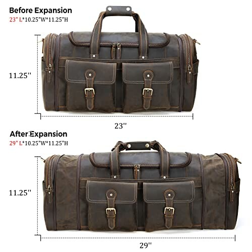 Expandable leather duffel bag before and after expansion with dimensions.