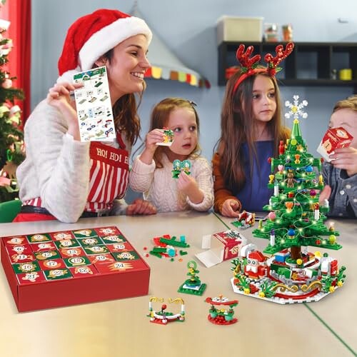 Family crafting Christmas decorations with tree and advent calendar.