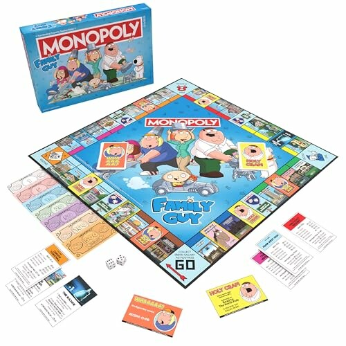 Family Guy themed Monopoly board game with box, cards, and pieces.