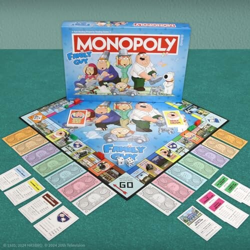 Family Guy themed Monopoly board game with box and game pieces.