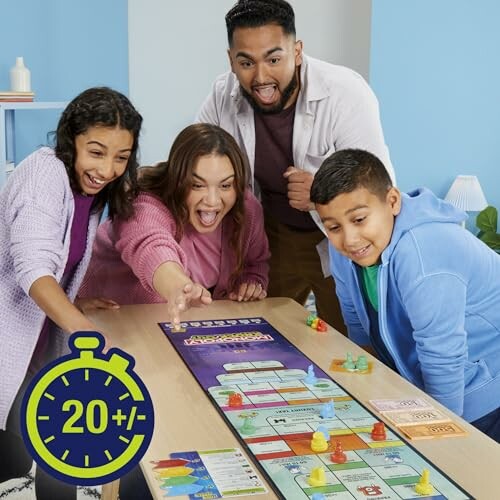 Family excitedly playing a board game together