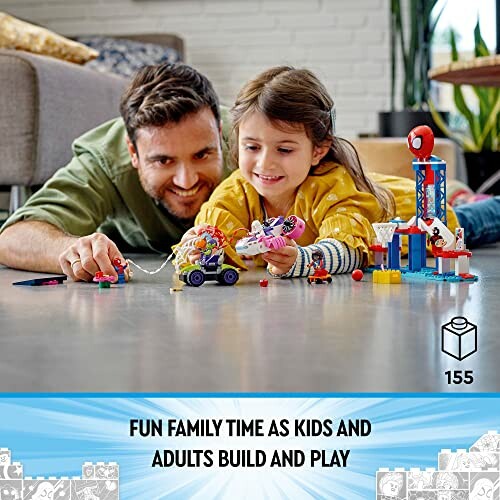 Father and daughter playing with LEGO blocks on the floor.