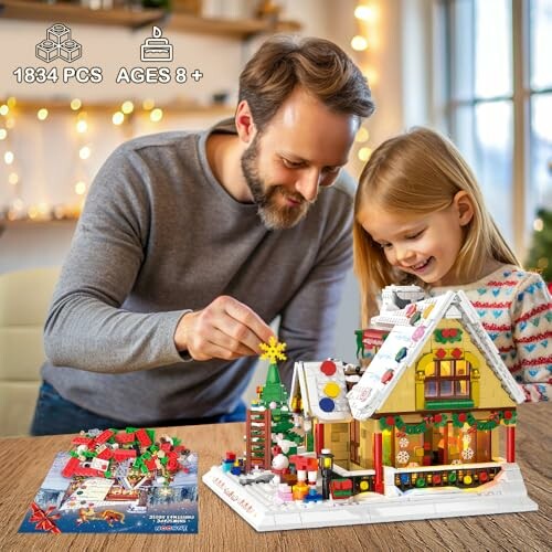 Father and daughter assembling a festive Lego house together, sparking creativity and quality time.