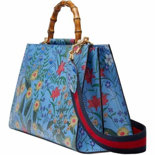 Floral handbag with bamboo handle and shoulder strap