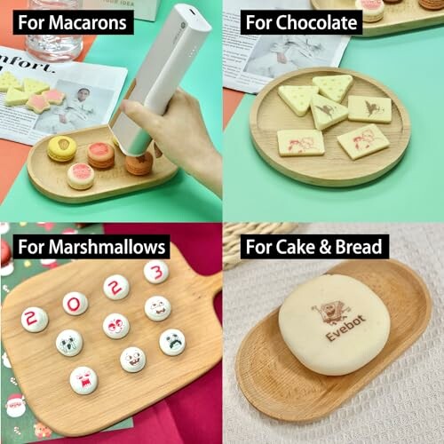 Four images showing food decorated with a printer: macarons, chocolate, marshmallows, and cake.