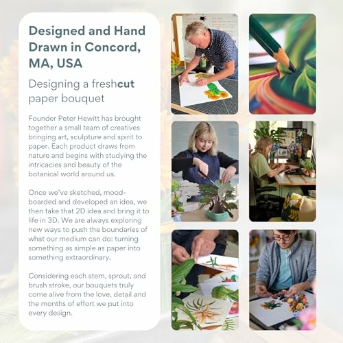 Collage of artists designing a paper bouquet in Concord, MA.