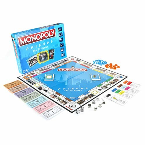 Friends-themed Monopoly board game with pieces and money.