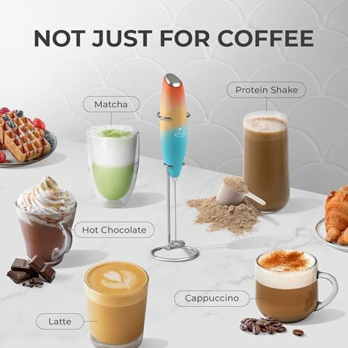 Various beverages with a frother, including matcha, protein shake, hot chocolate, latte, and cappuccino.