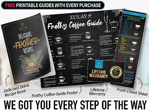 Set of printable guides including a frothy coffee guide, recipe book, and warranty card.