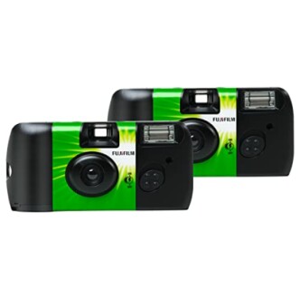 Two Fujifilm disposable cameras with green design.