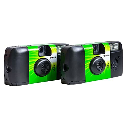 Two Fujifilm disposable cameras with green and black design