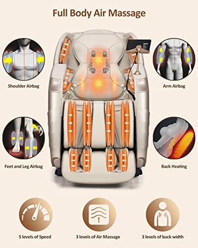 Illustration of a full body air massage chair with labeled features including shoulder, arm, feet and leg airbags, back heating, and adjustable settings.