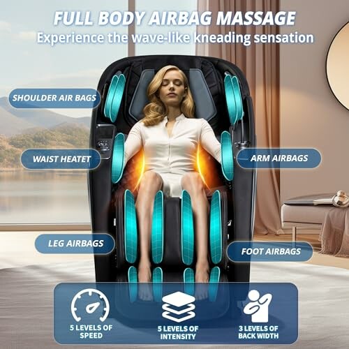 Woman experiencing full body airbag massage in a chair with labeled features like shoulder, arm, and foot airbags.