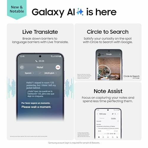 Galaxy AI features: Live Translate, Circle to Search, Note Assist.