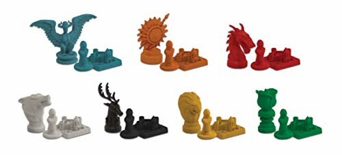 Colorful board game pieces including animals and buildings