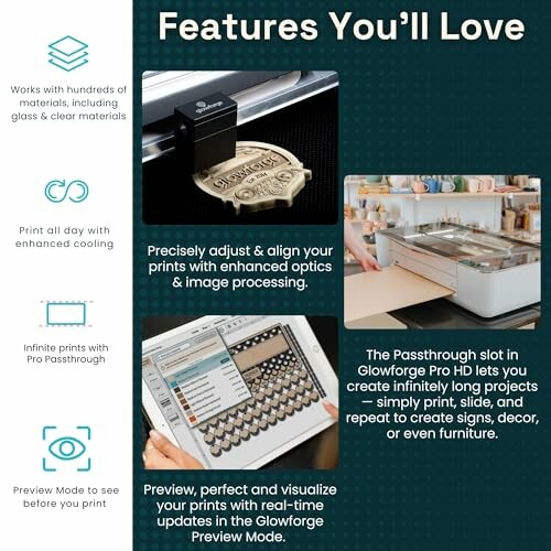 Glowforge 3D laser printer features including enhanced optics and Pro Passthrough.