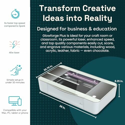 Glowforge Plus laser cutter with features and dimensions.