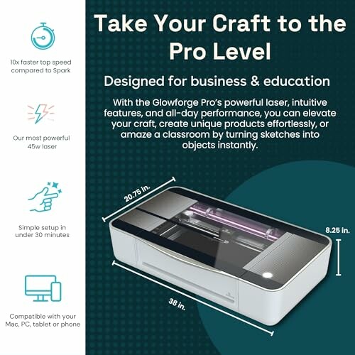 Glowforge Pro laser cutter with dimensions and key features.