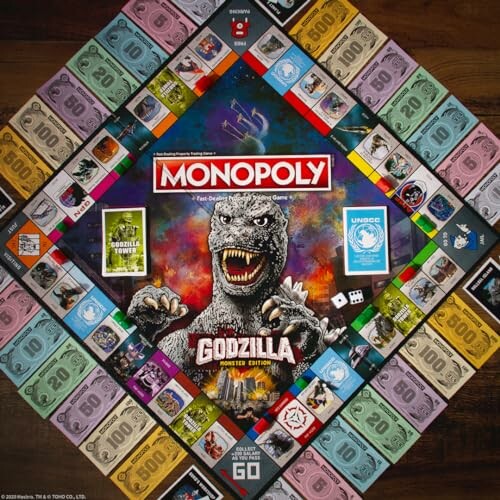 Godzilla-themed Monopoly board game with colorful property spaces.