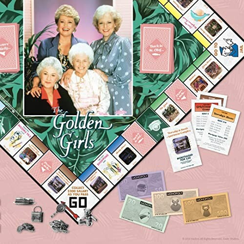 Golden Girls themed board game with character images and game pieces.