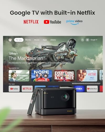 Google TV with built-in Netflix, YouTube, and Prime Video displayed on a screen with a projector.